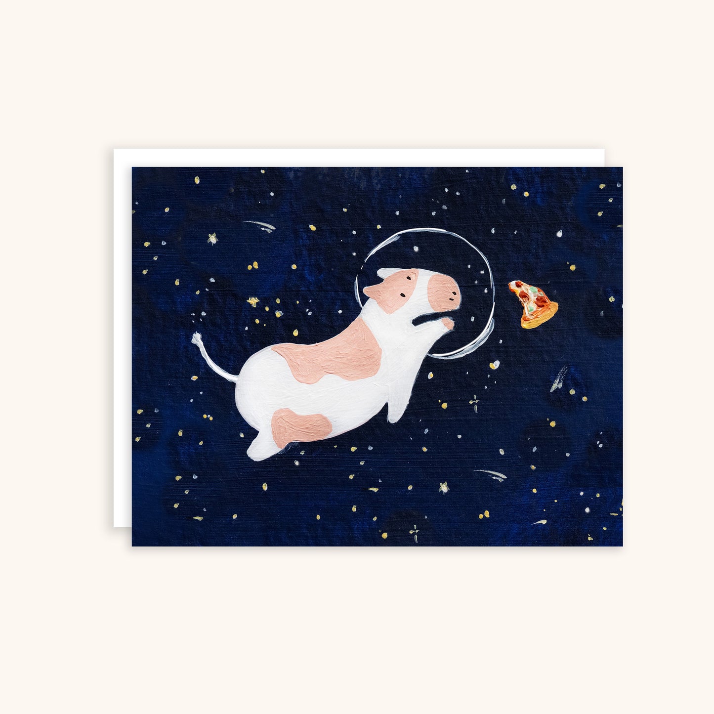 Space Cow Chasing Pizza Greeting Card