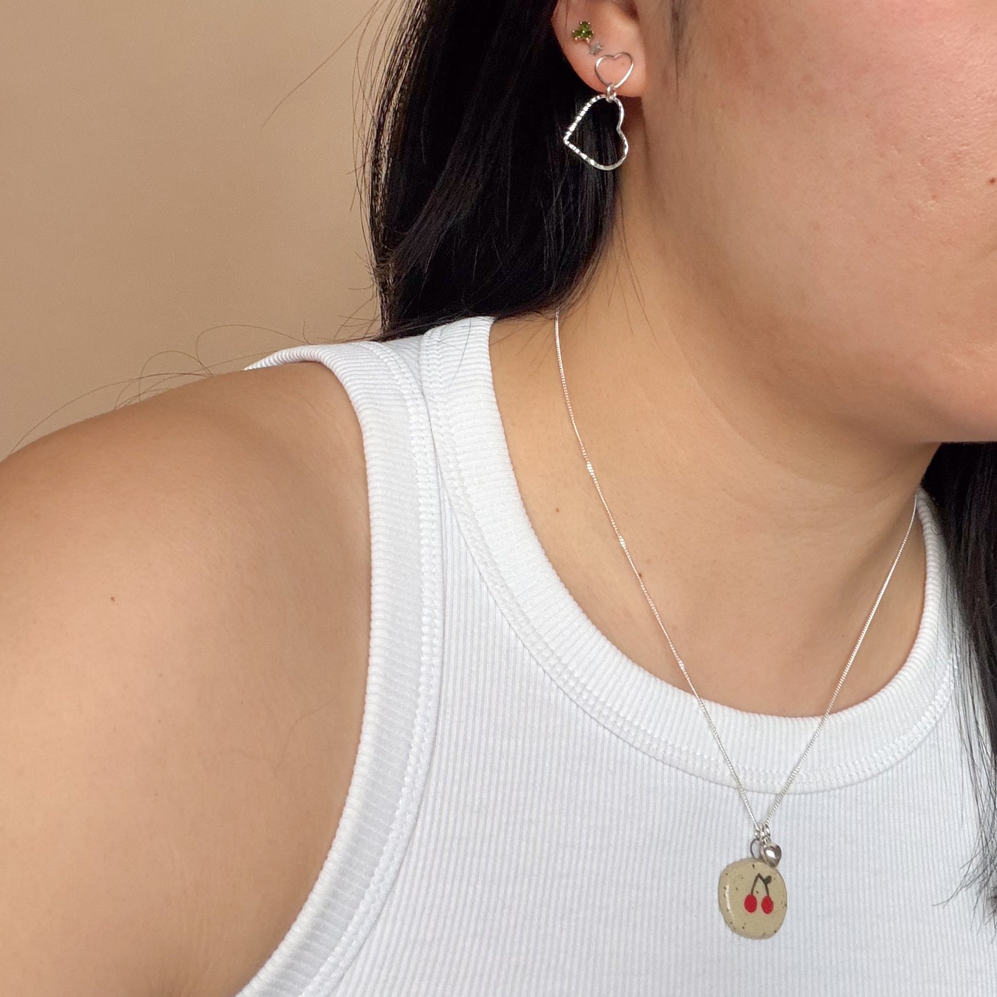 Ceramic Cherry Charm Necklace with Puffy Heart