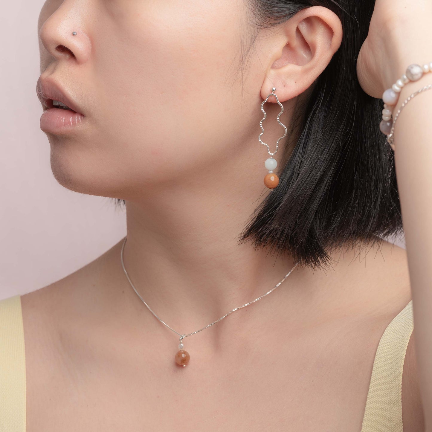 Agate + Rice Pearl Pendant Necklace