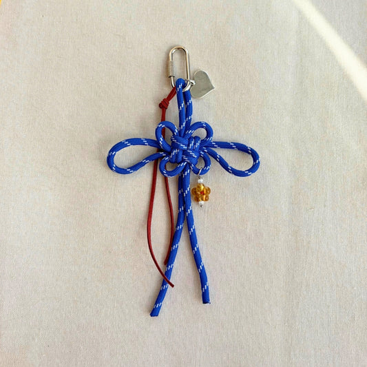 Auspicious Hand-knotted Bag Charm - Cobalt Blue + Glass Flower Bead