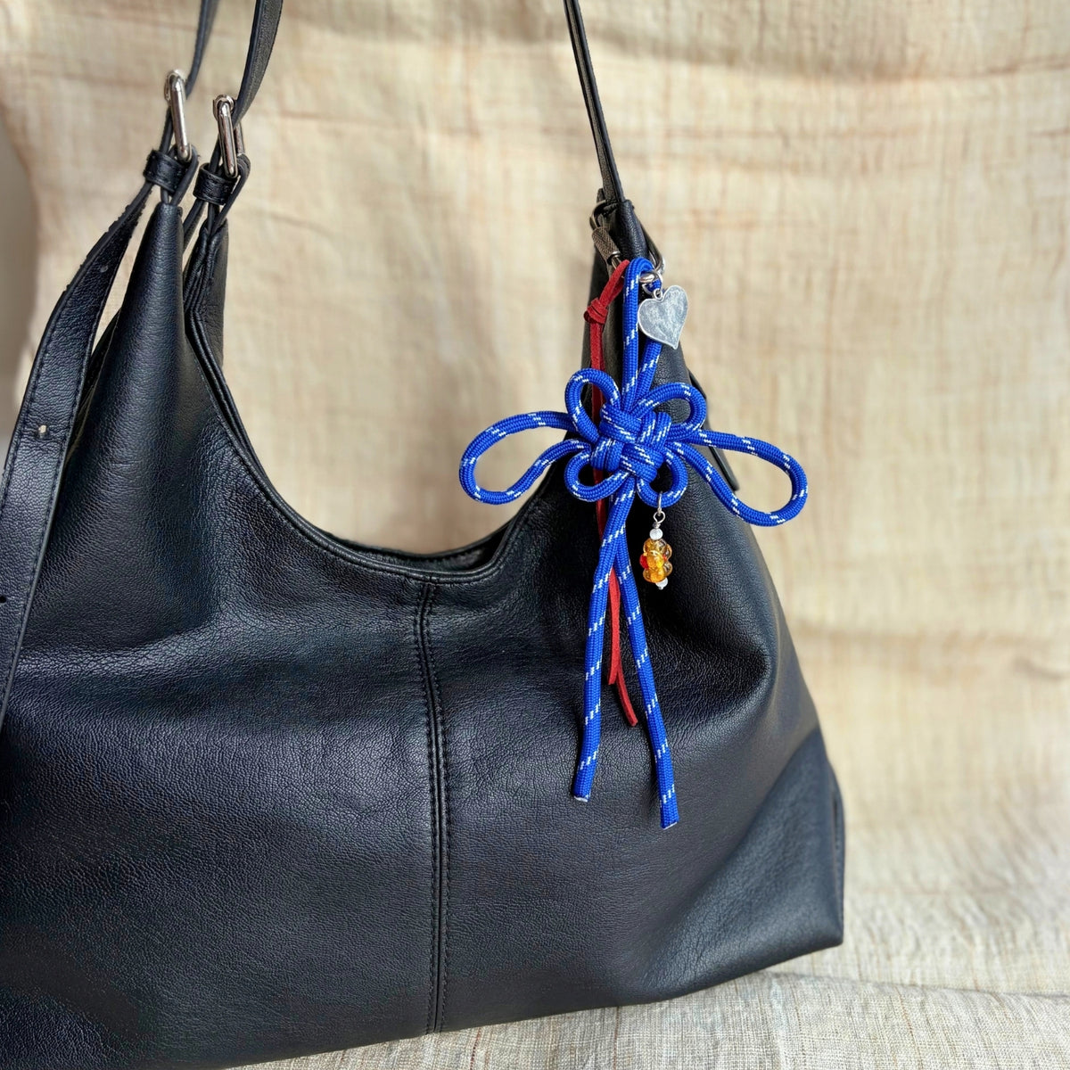 Auspicious Hand-knotted Bag Charm - Cobalt Blue + Glass Flower Bead