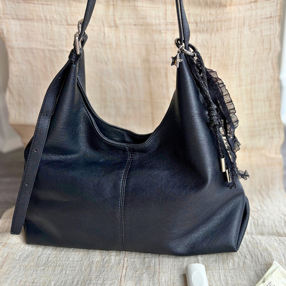 Hand-knotted Bag Charm With Ribbon - Black
