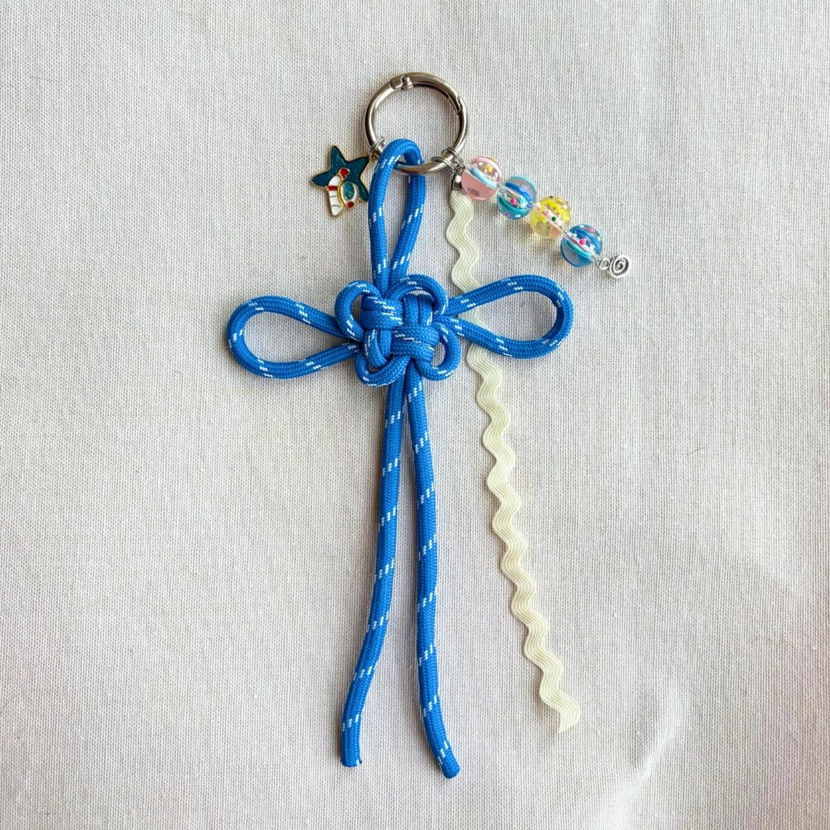 Auspicious Hand-knotted Bag Charm - Medium Blue + Glass Beads