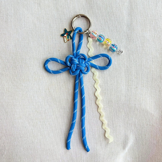 Auspicious Hand-knotted Bag Charm - Medium Blue + Glass Beads