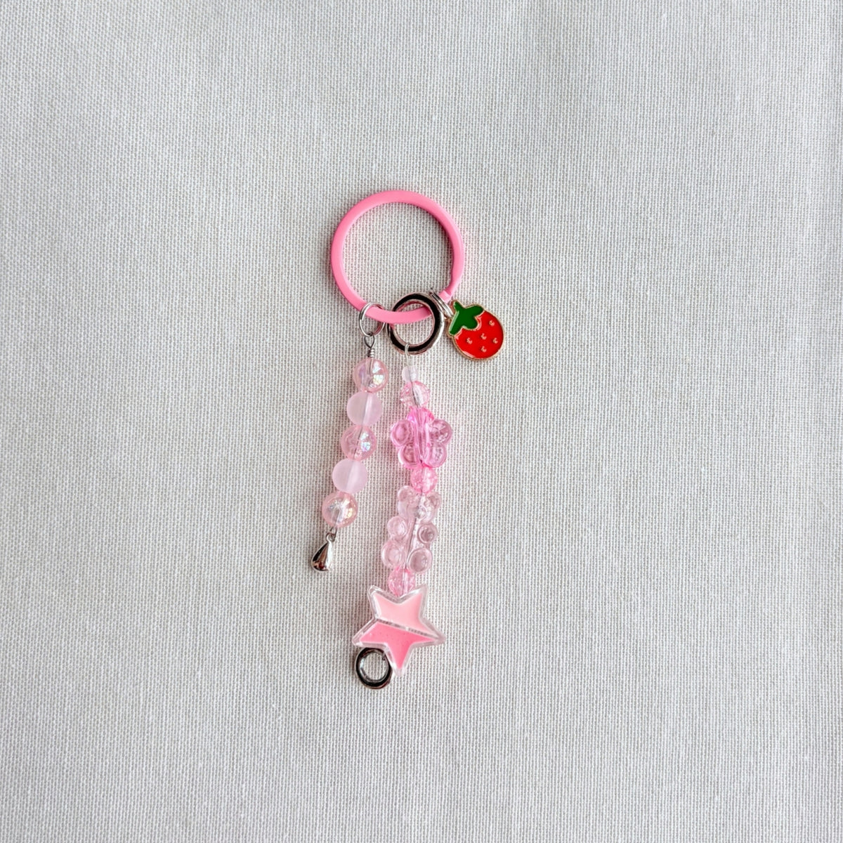 Pink Keychain With Multi Beads + Strawberry Enamel Charm