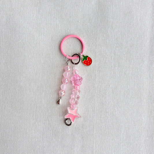 Pink Keychain With Multi Beads + Strawberry Enamel Charm