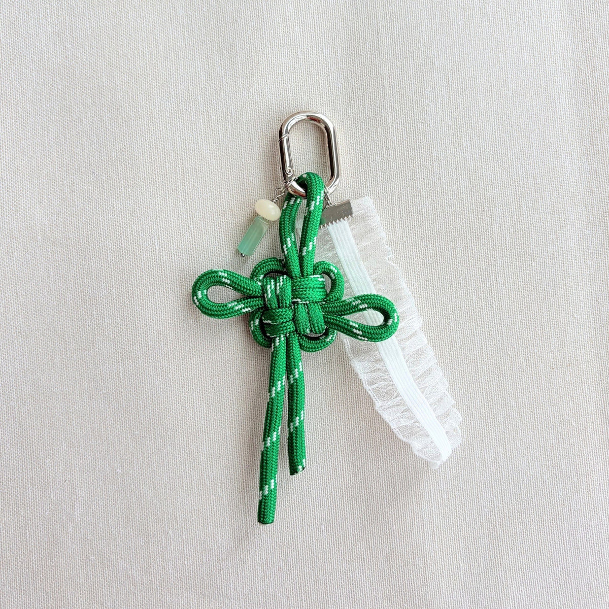 Small Auspicious Hand-knotted Bag Charm/Keychain - Green + Ribbon