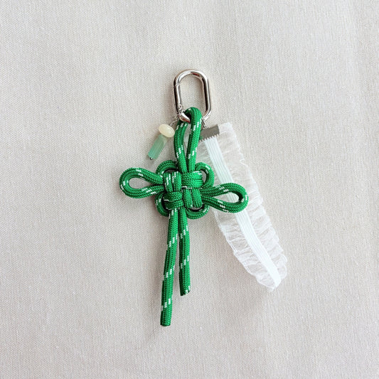 Small Auspicious Hand-knotted Bag Charm/Keychain - Green + Ribbon