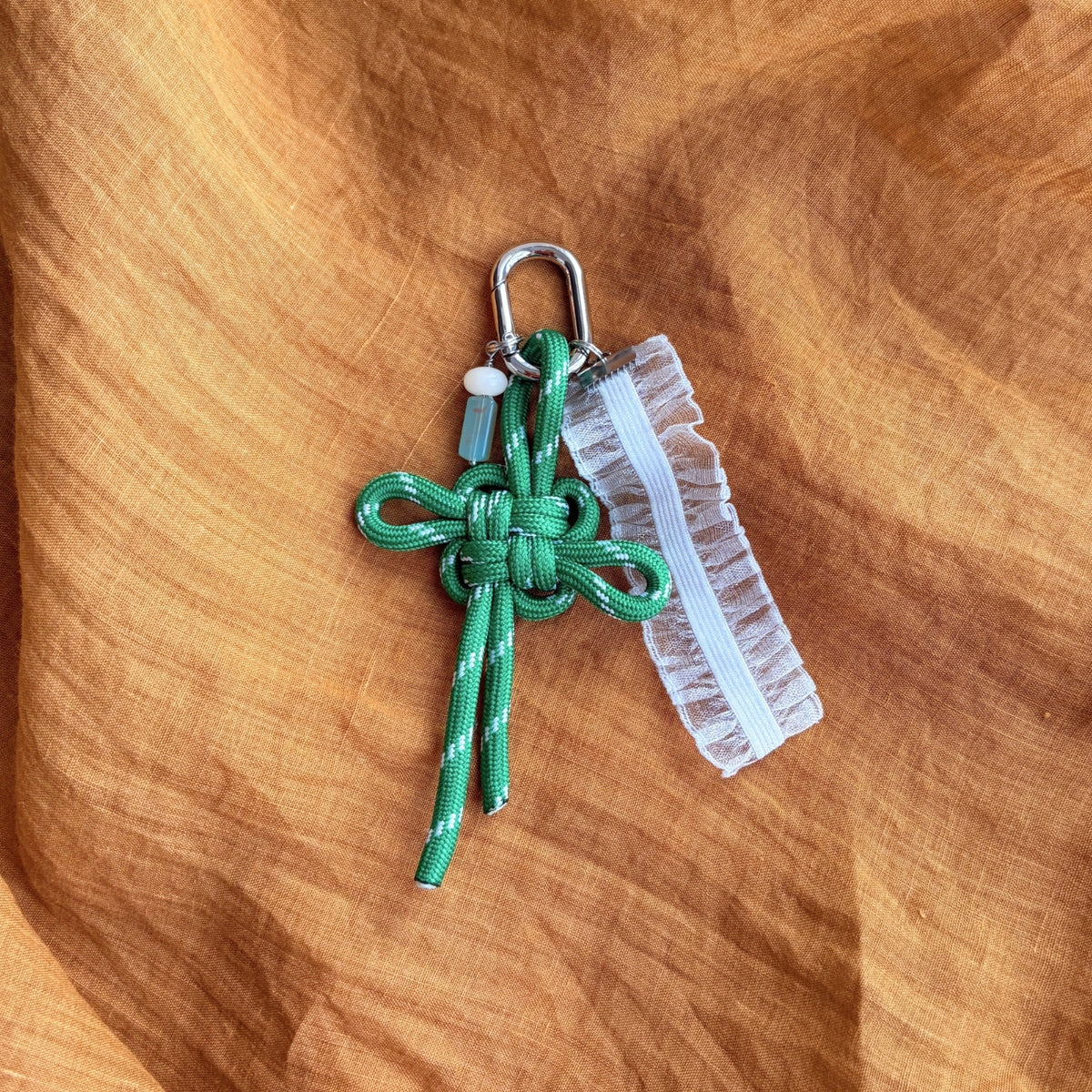 Small Auspicious Hand-knotted Bag Charm/Keychain - Green + Ribbon
