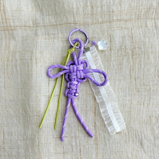 Auspicious Hand-knotted Bag Charm With Ribbon + Flower Bead - Purple