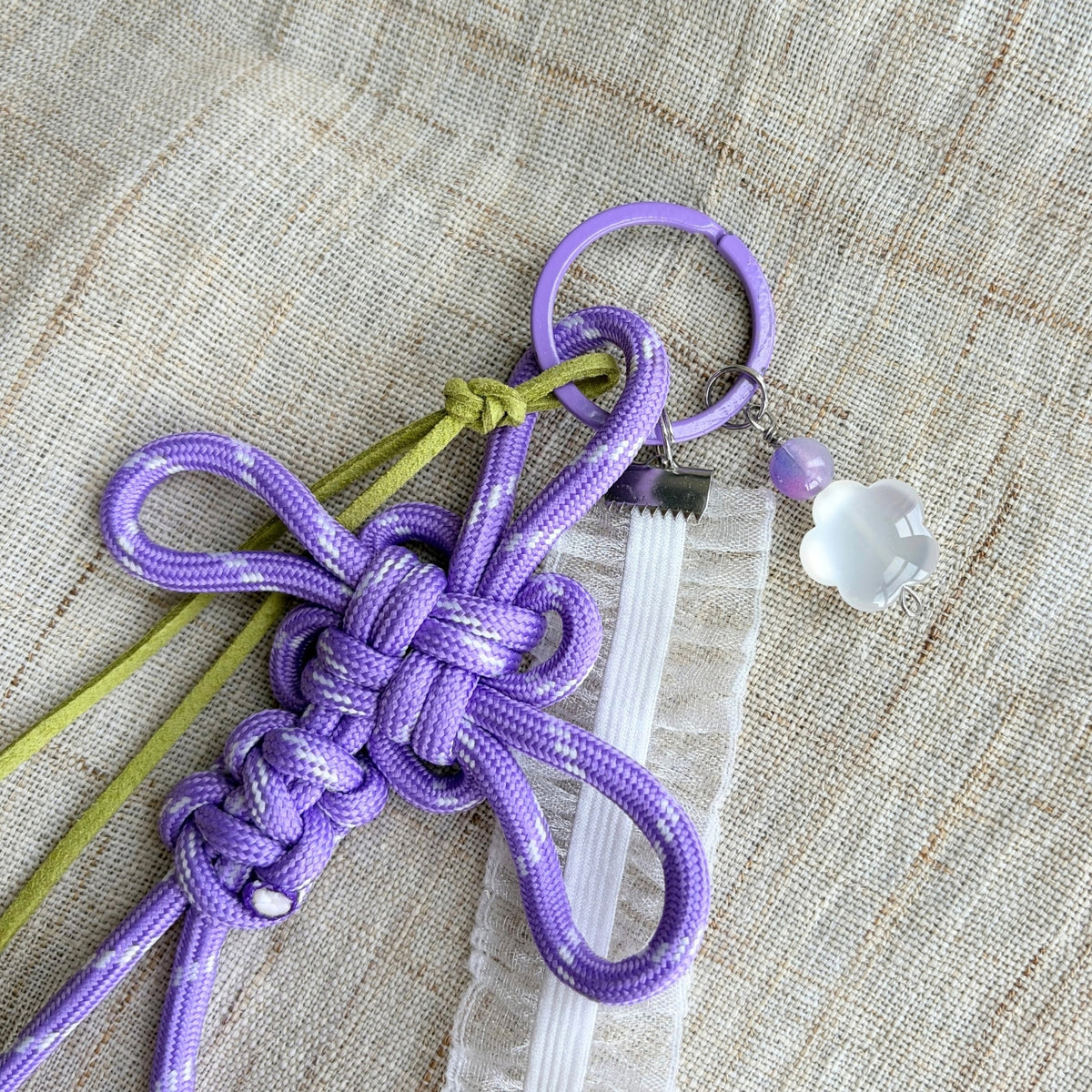 Auspicious Hand-knotted Bag Charm With Ribbon + Flower Bead - Purple