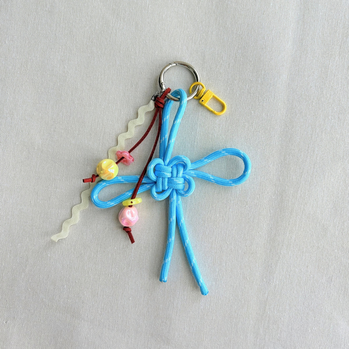 Auspicious Hand-knotted Bag Charm - Light Blue + Ribbon + Yellow Clasp