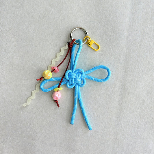 Auspicious Hand-knotted Bag Charm - Light Blue + Ribbon + Yellow Clasp
