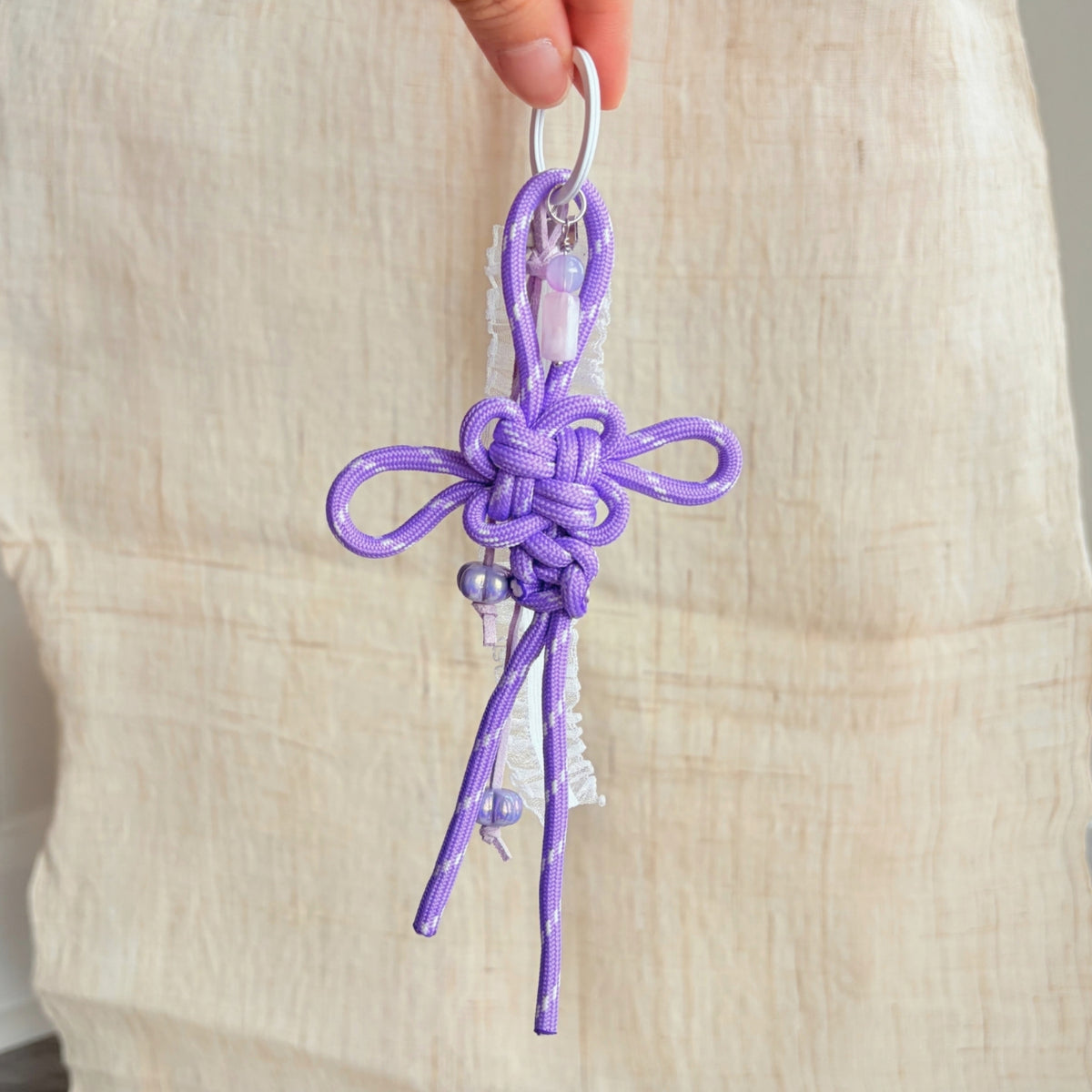 Auspicious Hand-knotted Bag Charm With Ribbon - Purple