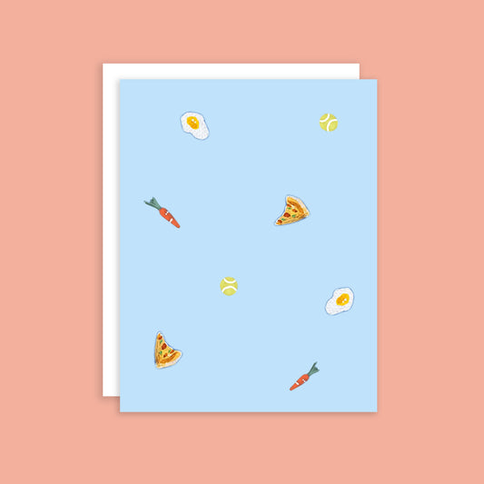 Eggs, Pizza, Carrots, Tennis Balls Greeting Card