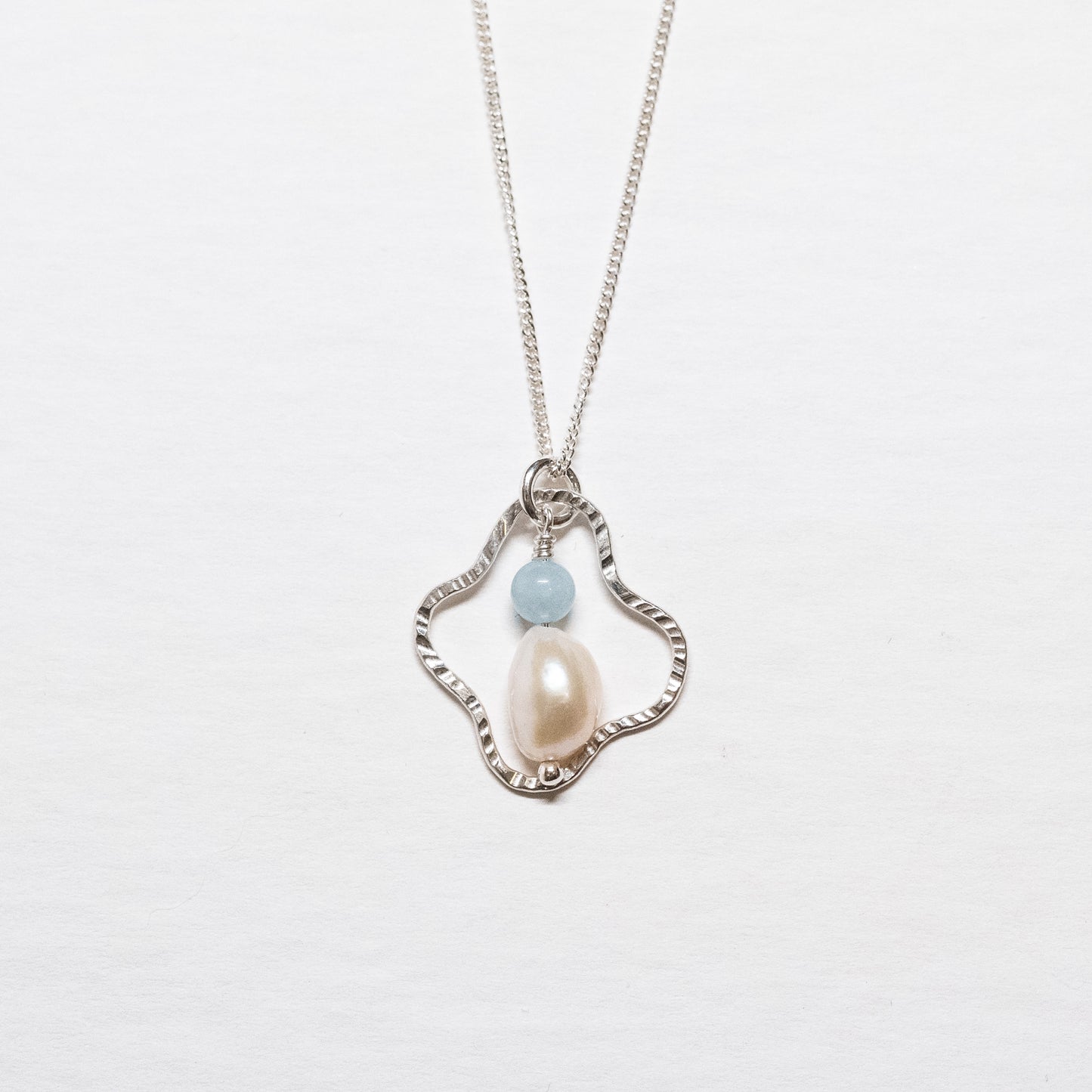 Squiggly Pendant Necklace with Aquamarine and Freshwater Pearl