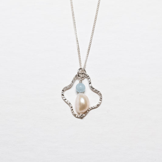 Squiggly Pendant Necklace with Aquamarine and Freshwater Pearl