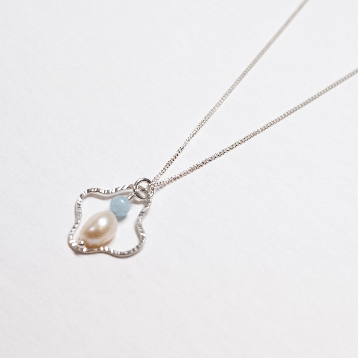 Squiggly Pendant Necklace with Aquamarine and Freshwater Pearl
