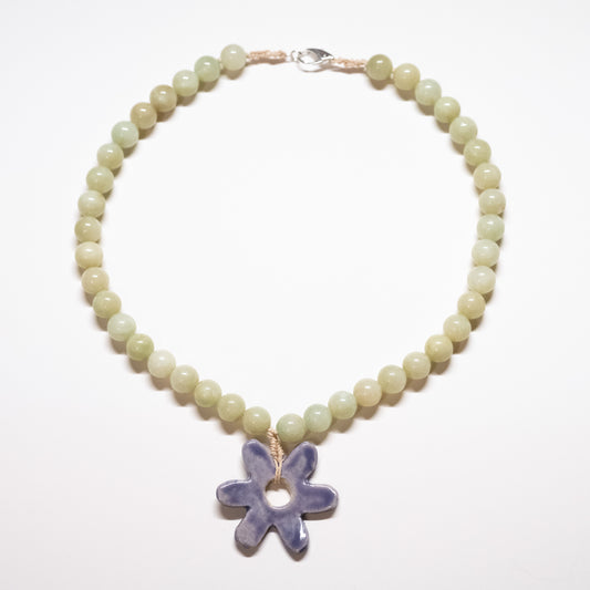 Chunky Green Beaded Necklace with Purple Ceramic Flower