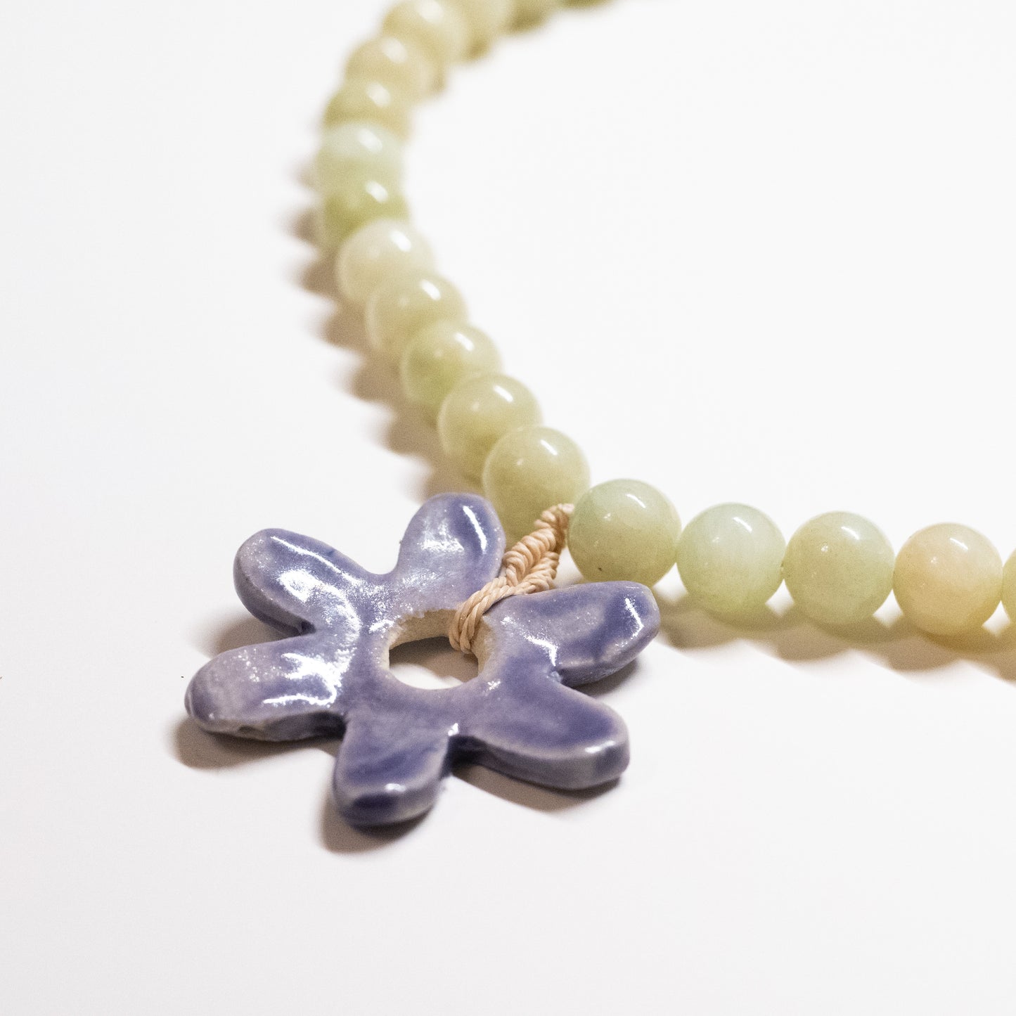 Chunky Green Beaded Necklace with Purple Ceramic Flower