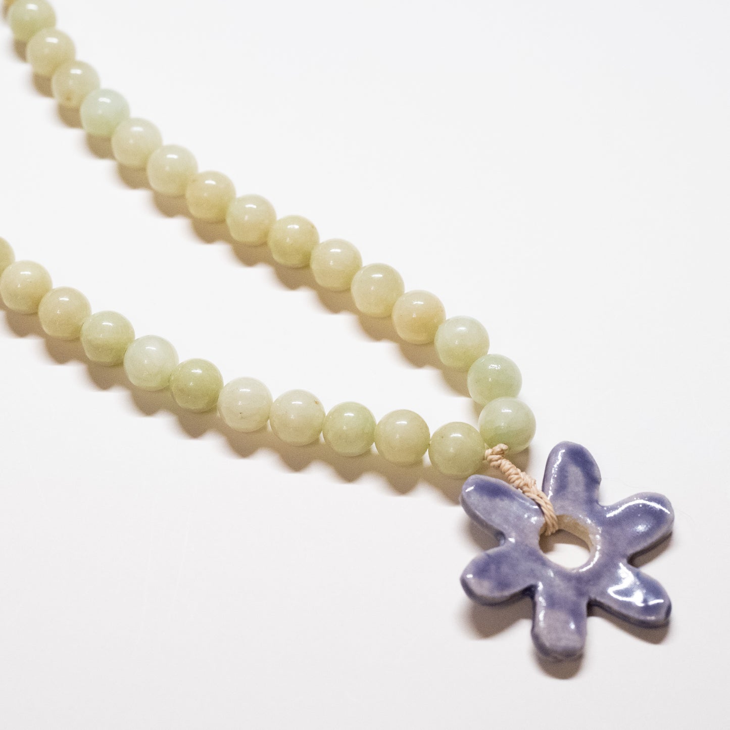 Chunky Green Beaded Necklace with Purple Ceramic Flower