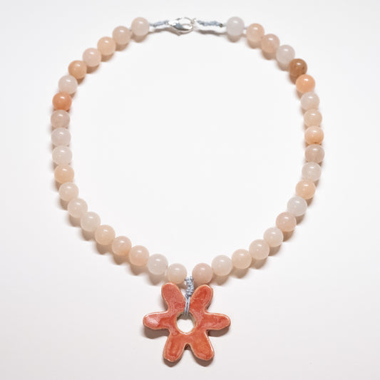 Chunky Coral Beaded Necklace with Pink Ceramic Flower