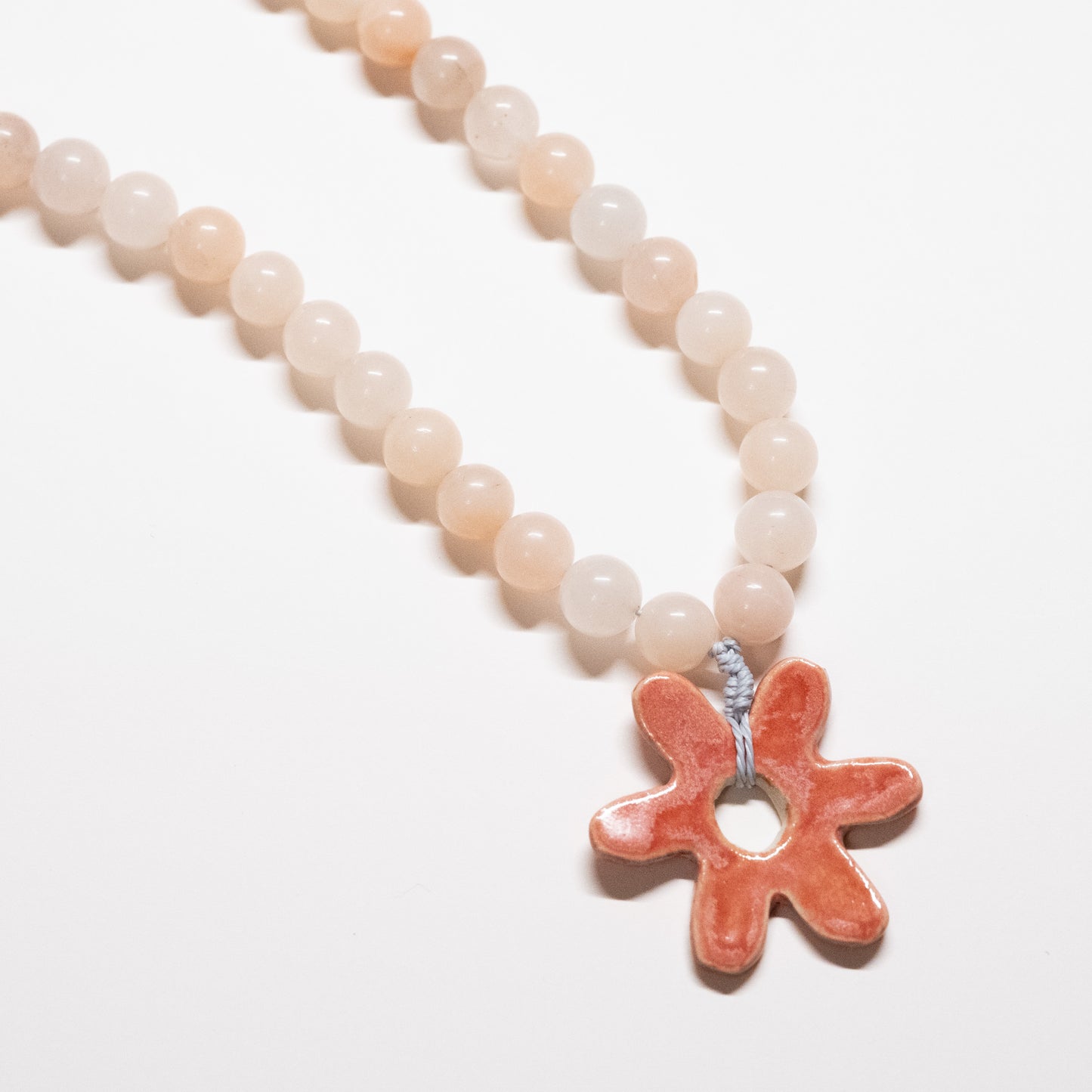 Chunky Coral Beaded Necklace with Pink Ceramic Flower