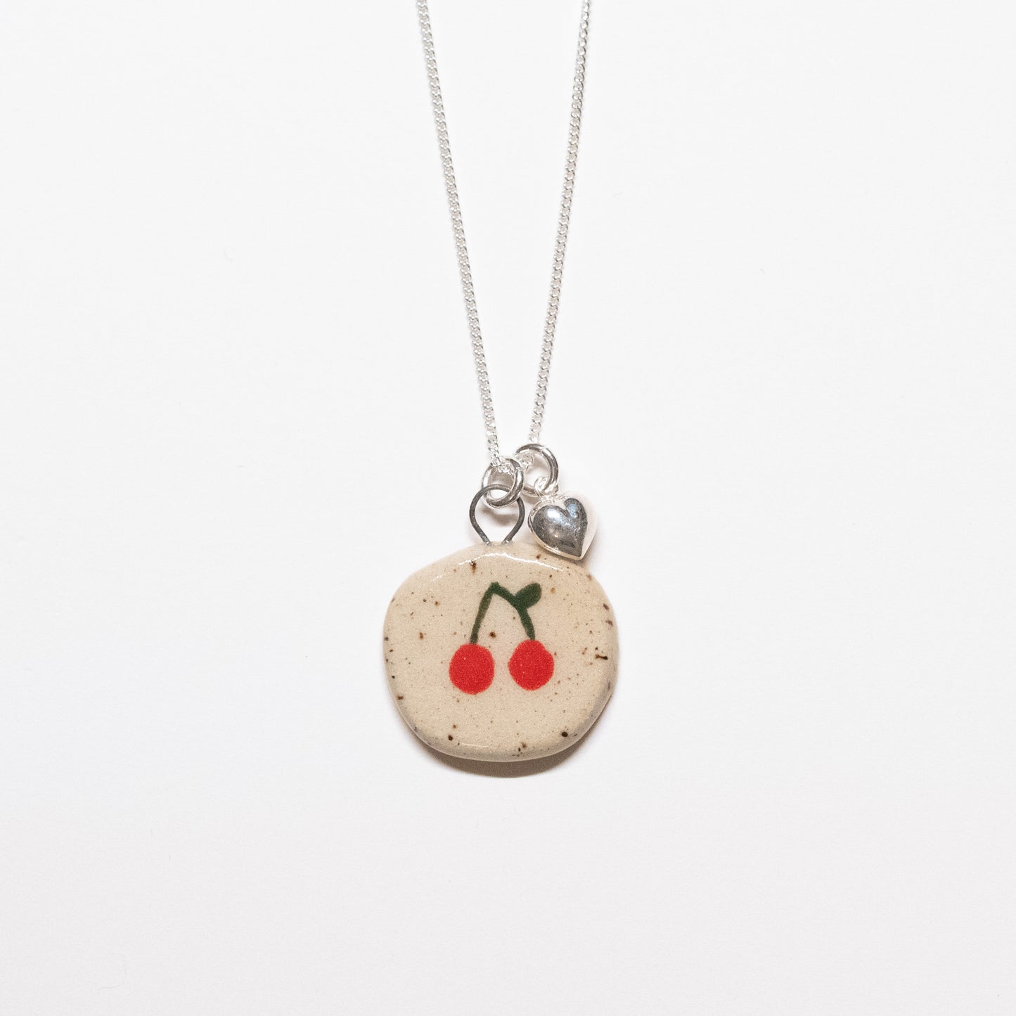 Ceramic Cherry Charm Necklace with Puffy Heart
