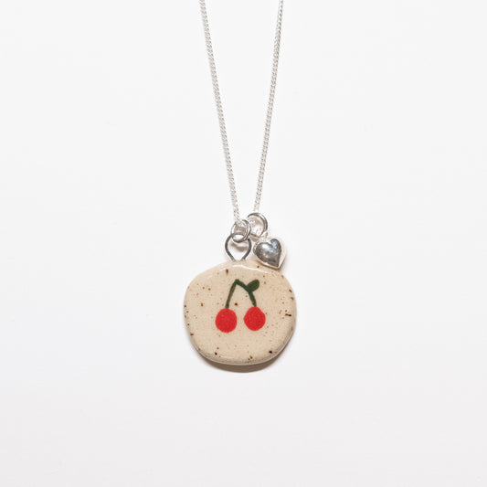 Ceramic Cherry Charm Necklace with Puffy Heart