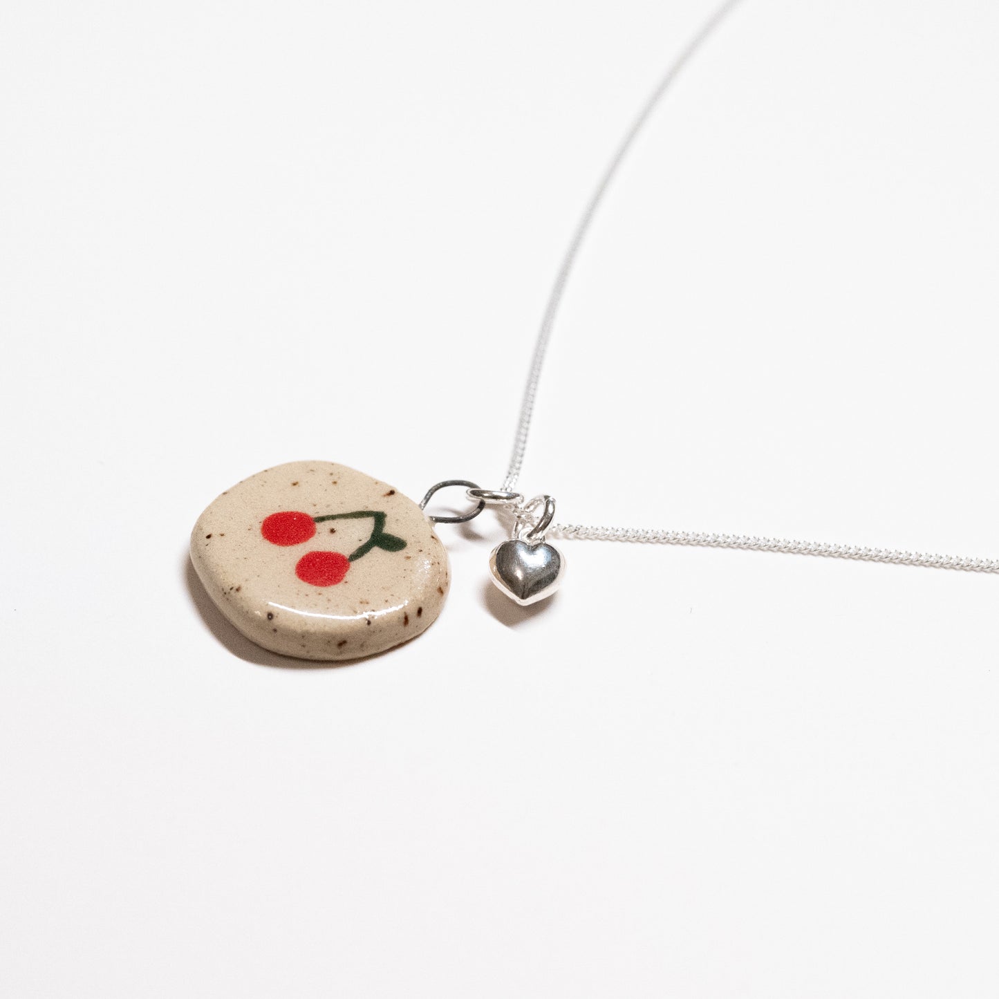 Ceramic Cherry Charm Necklace with Puffy Heart