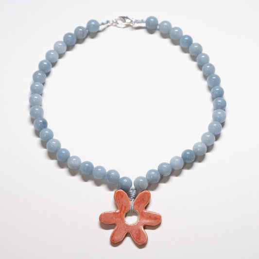 Chunky Blue Beaded Necklace with Pink Ceramic Flower