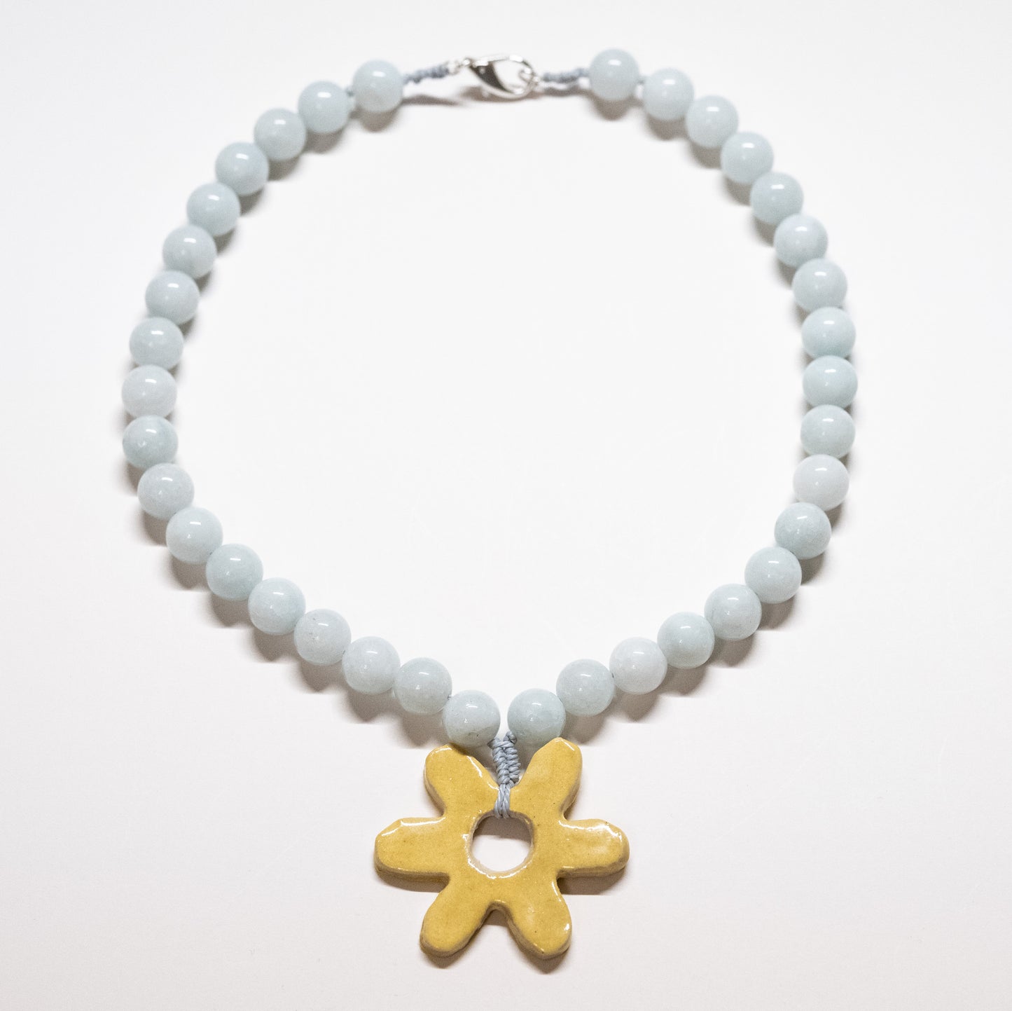 Chunky Blue Jade Beaded Necklace with Yellow Ceramic Flower