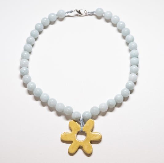 Chunky Blue Jade Beaded Necklace with Yellow Ceramic Flower