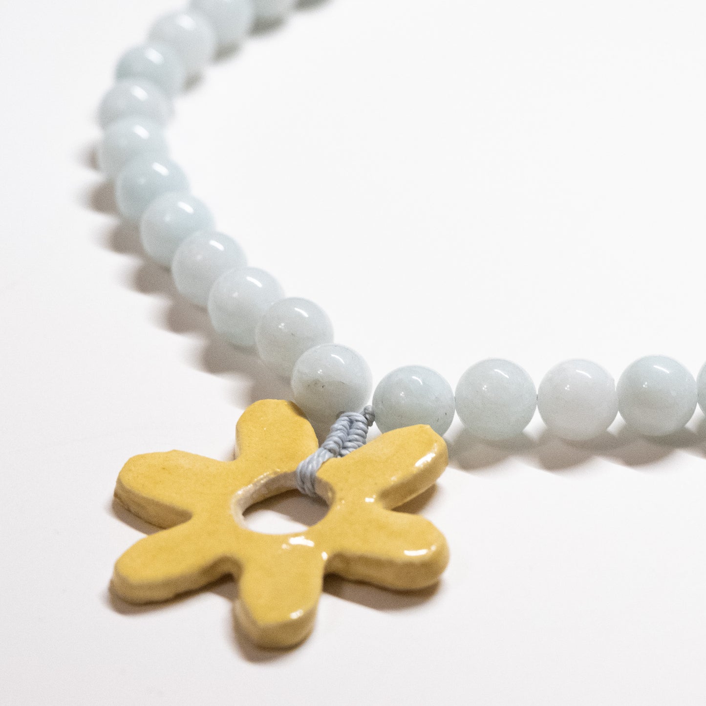 Chunky Blue Jade Beaded Necklace with Yellow Ceramic Flower