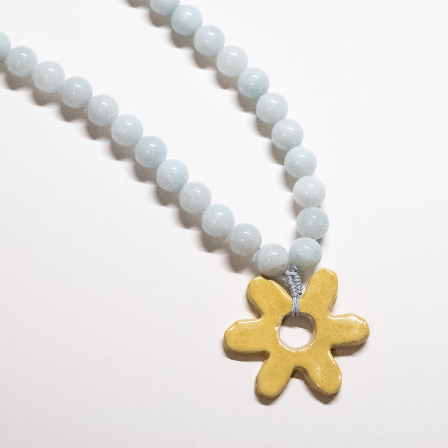 Chunky Blue Jade Beaded Necklace with Yellow Ceramic Flower
