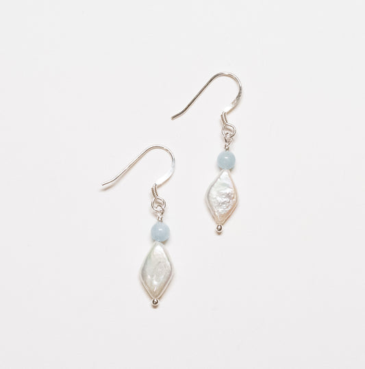 Diamond Shaped Pearl Earrings - Aquamarine