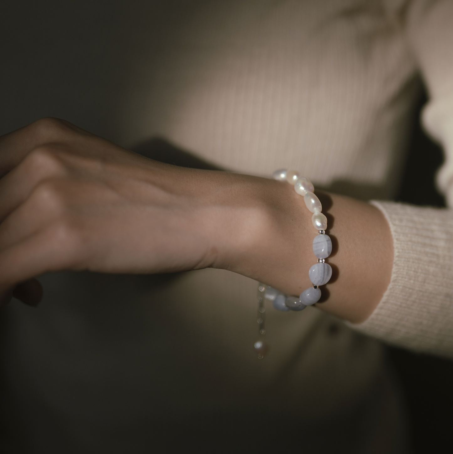 Half n' Half Bracelet - Pearl + Blue Lace Agate