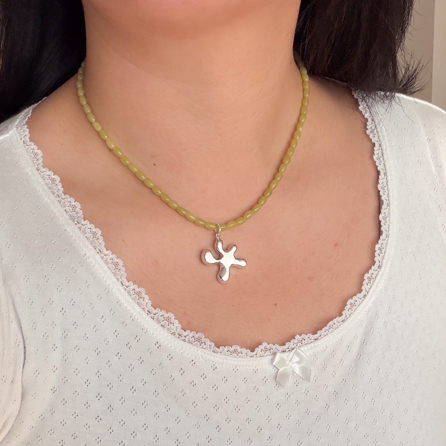 Beaded Rice Olive Jade Necklace - Splatter Charm