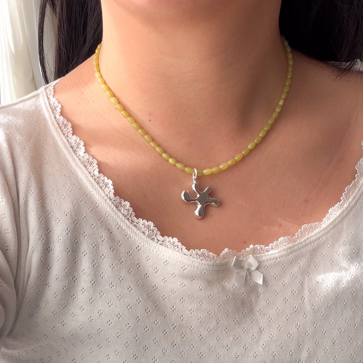 Beaded Rice Olive Jade Necklace - Splatter Charm