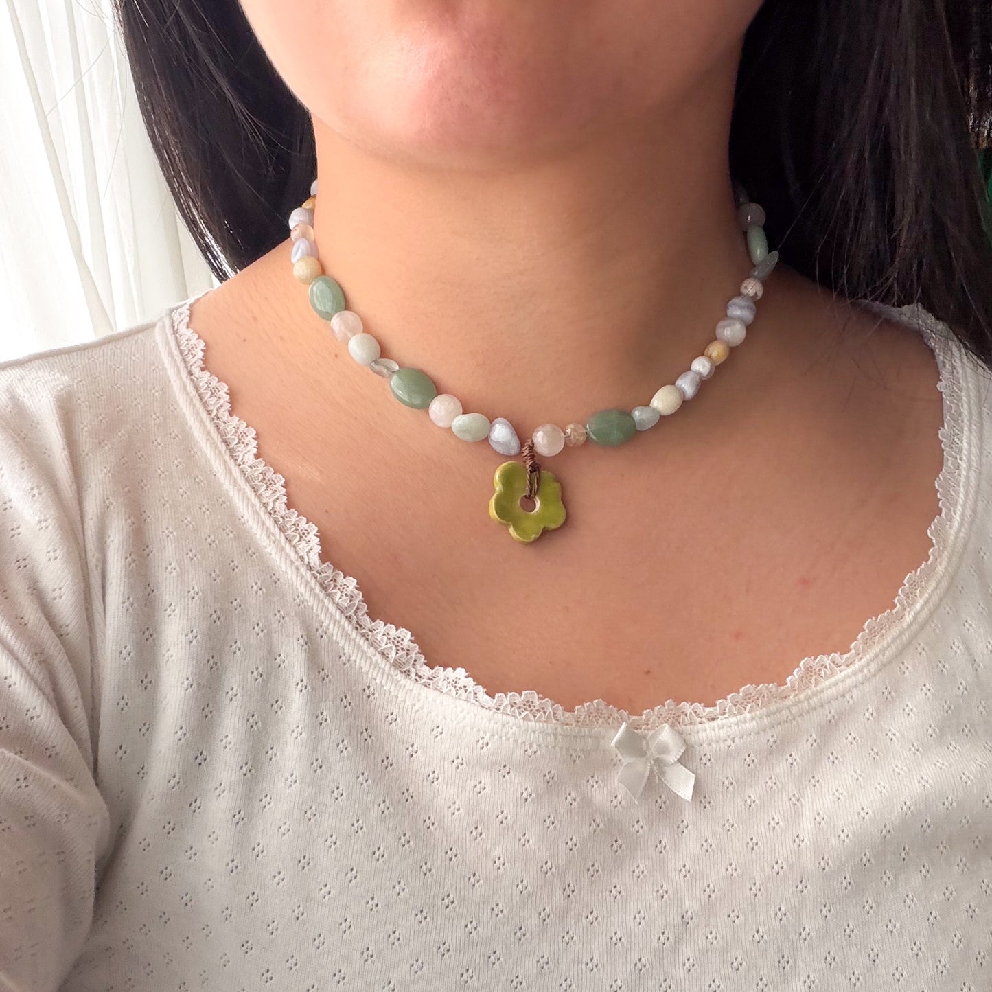 Multi-colour Gemstone Necklace with Ceramic Flower Charm