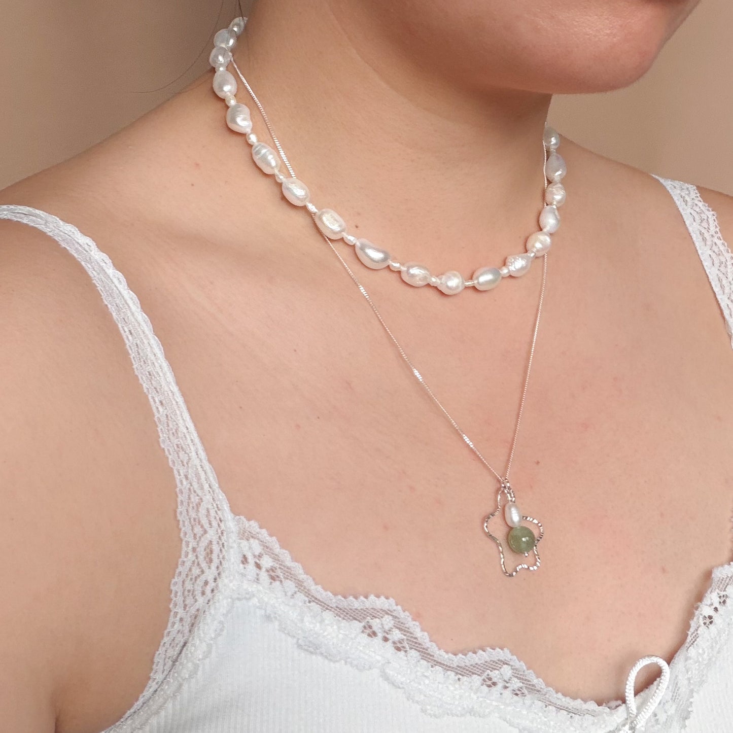 Squiggly Pendant Necklace with Aventurine and Freshwater Pearl