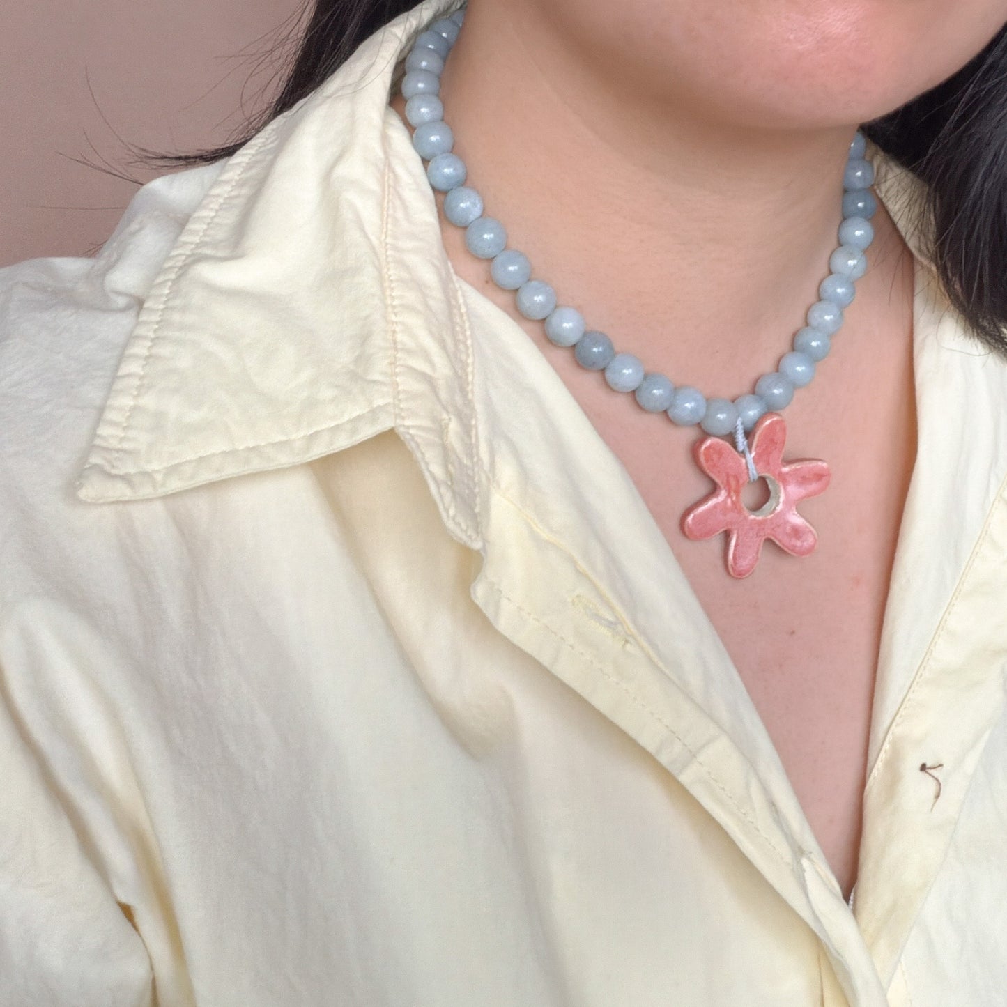 Chunky Blue Beaded Necklace with Pink Ceramic Flower