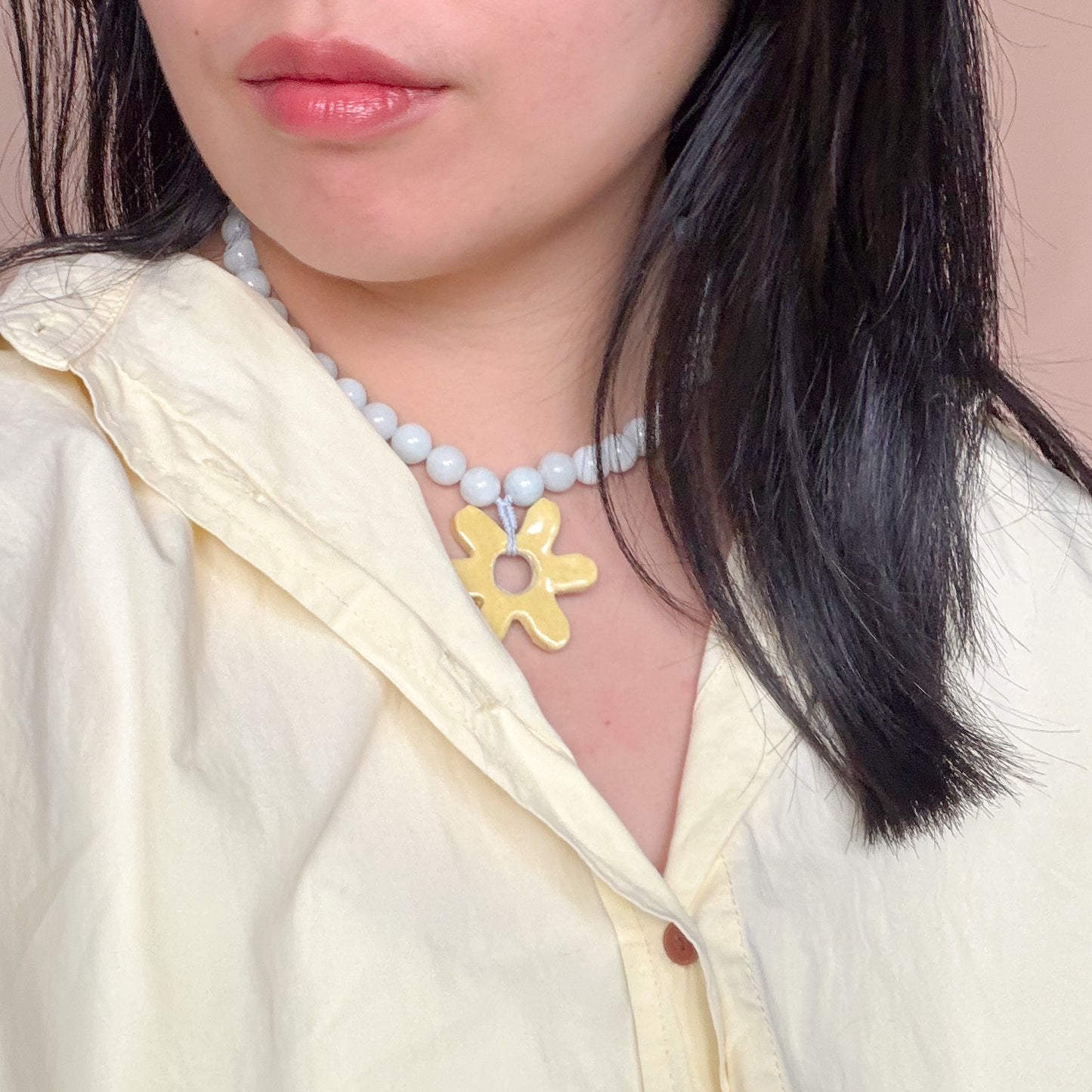 Chunky Blue Jade Beaded Necklace with Yellow Ceramic Flower