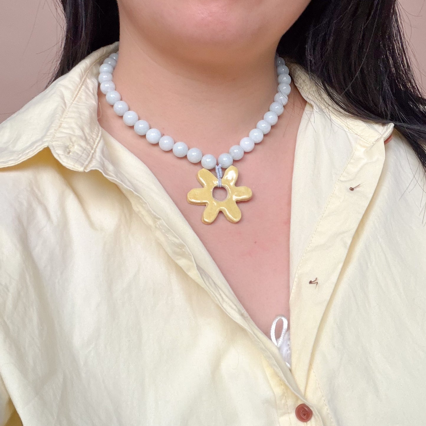 Chunky Blue Jade Beaded Necklace with Yellow Ceramic Flower