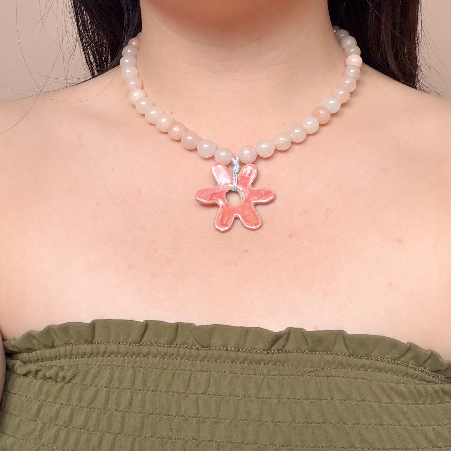 Chunky Coral Beaded Necklace with Pink Ceramic Flower