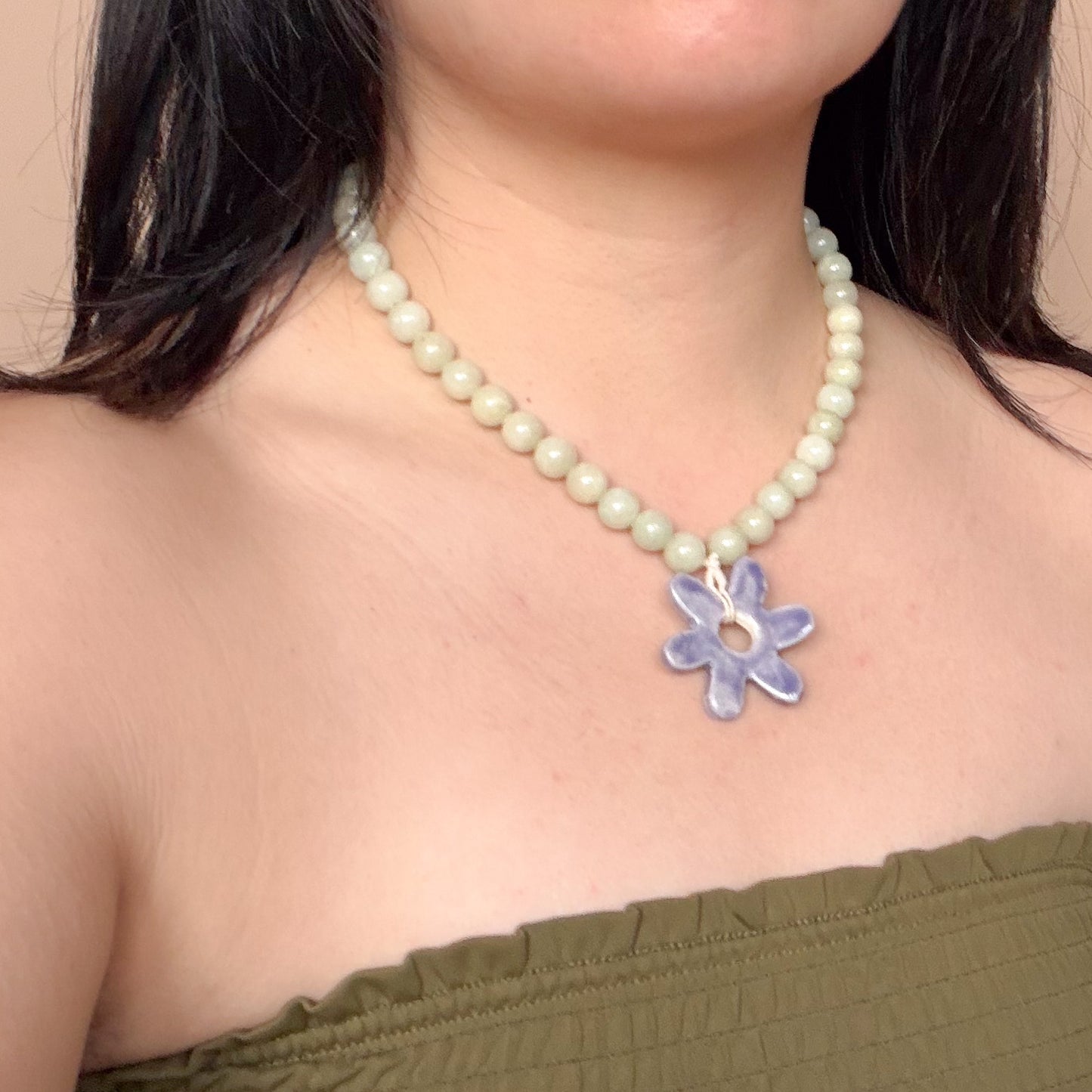 Chunky Green Beaded Necklace with Purple Ceramic Flower