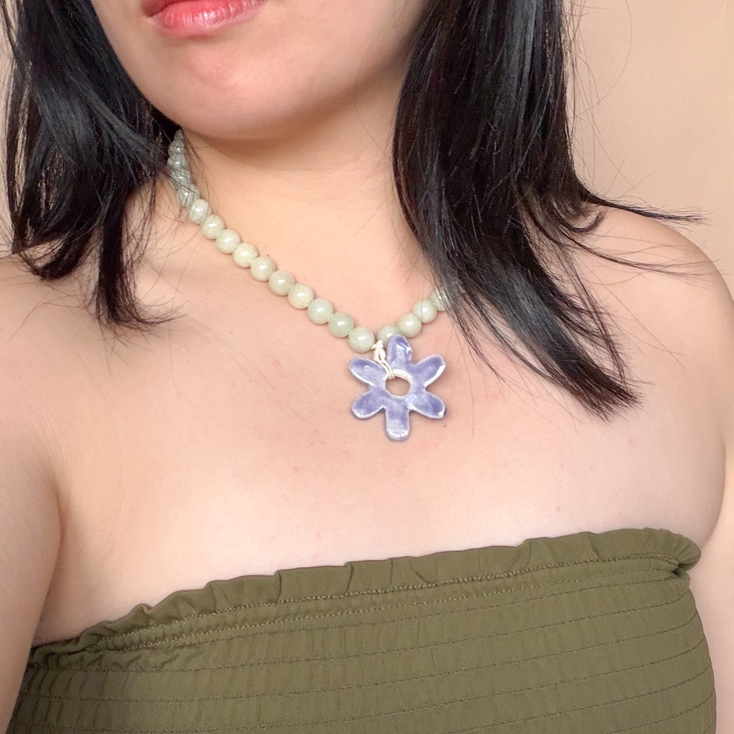 Chunky Green Beaded Necklace with Purple Ceramic Flower