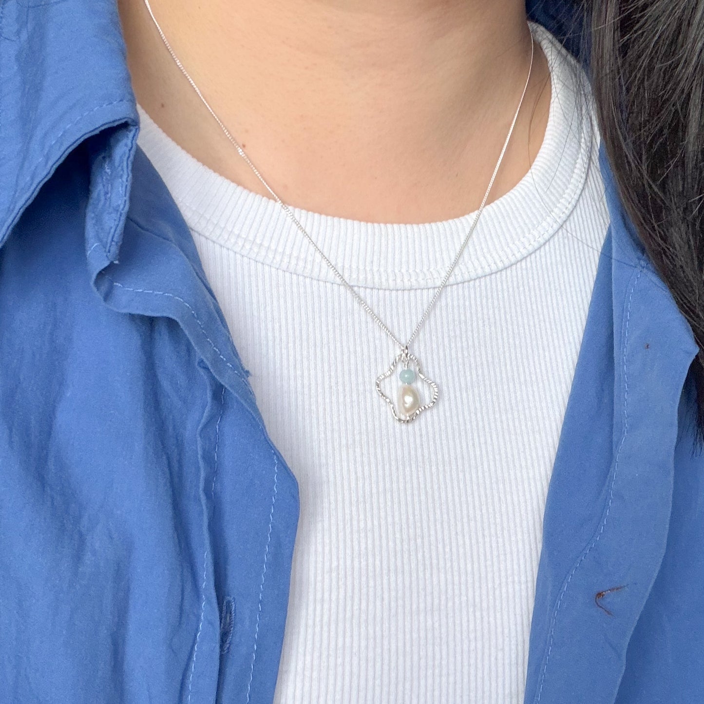 Squiggly Pendant Necklace with Aquamarine and Freshwater Pearl