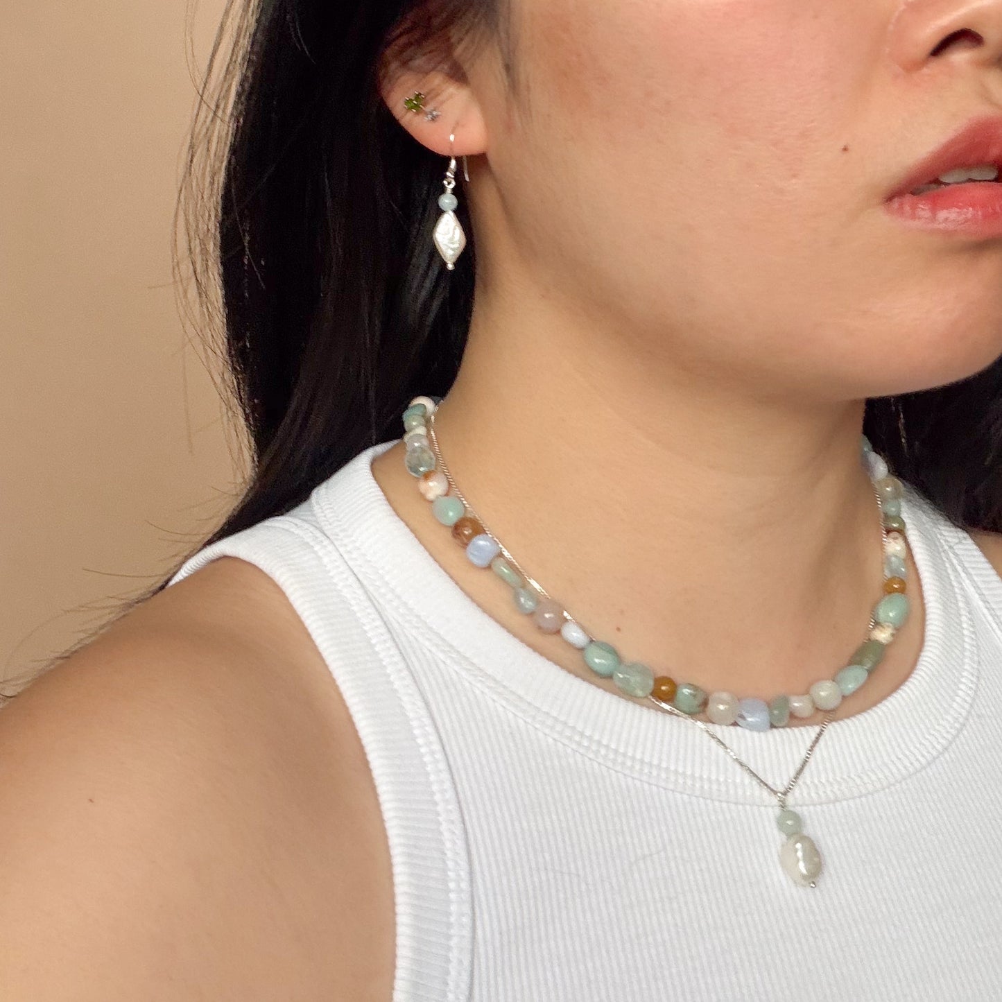 Diamond Shaped Pearl Earrings - Aquamarine