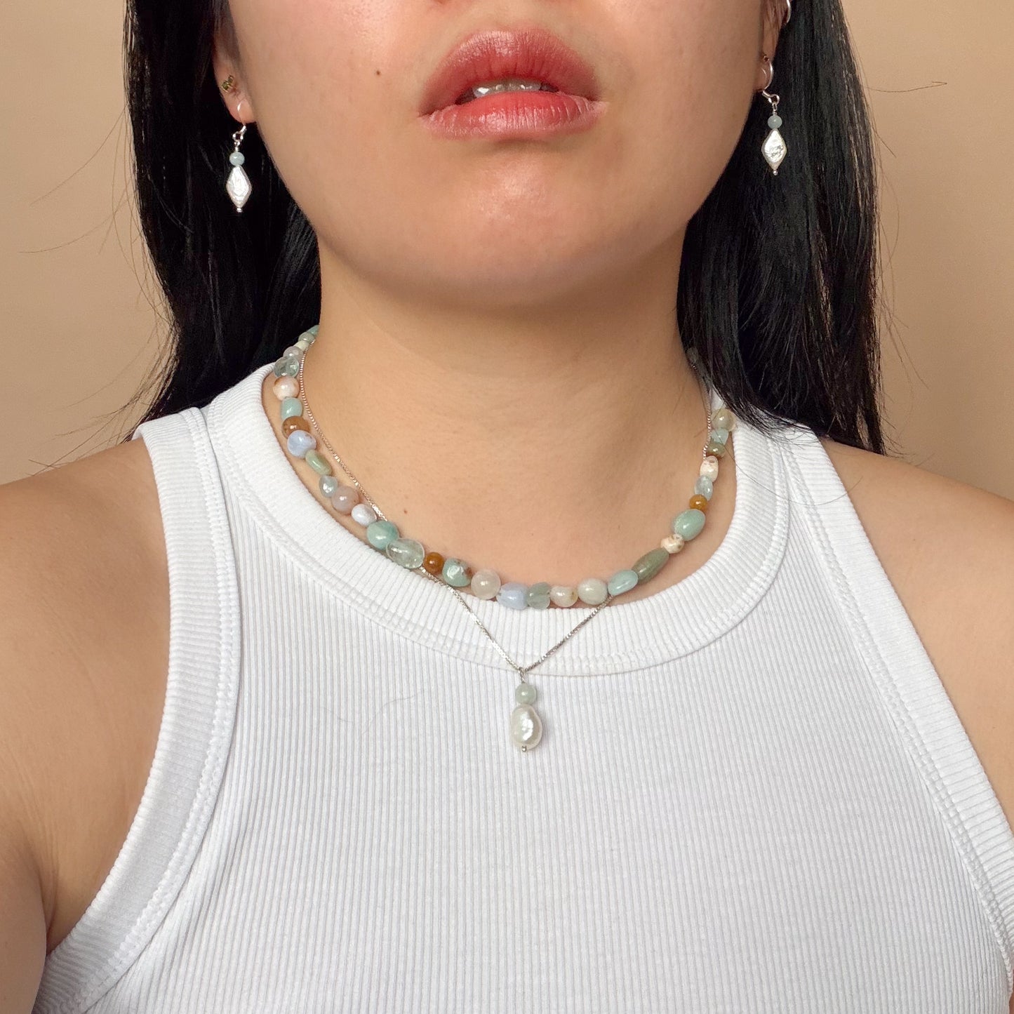 Pearl + Aquamarine Pendant Necklace
